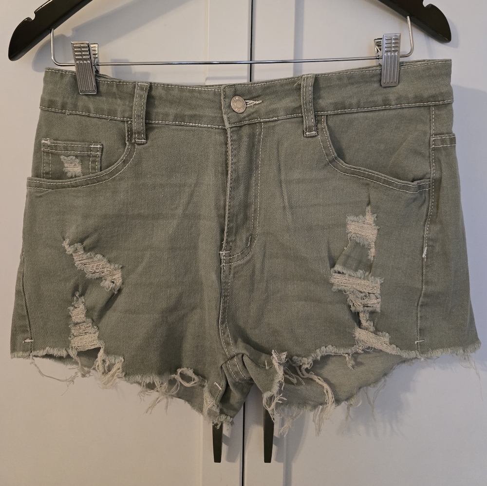 SHEIN Green Jean Shorts Distressed Style